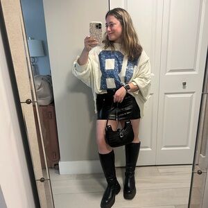 We The Free White Cropped Sweatshirt with Distressed Navy '18